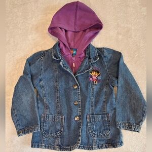 Vintage Y2K Dora The Explorer Denim Jean Jacket w/ Hoodie Insert Embroidered 4T